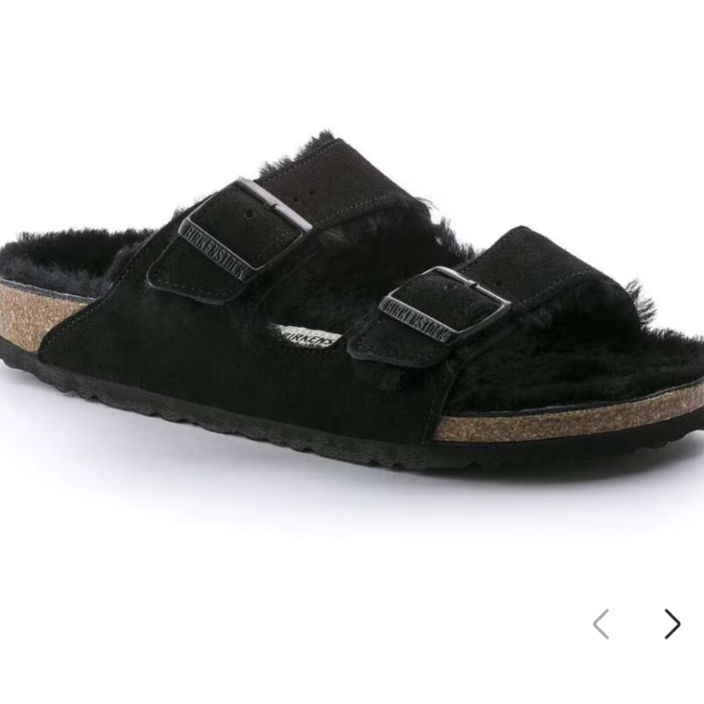 Birkenstock Black Furry Double Buckle Slide